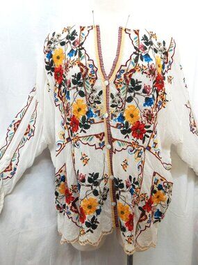 Boho Johnny Was White Embroidered Top - Lge/XLge - Button Front